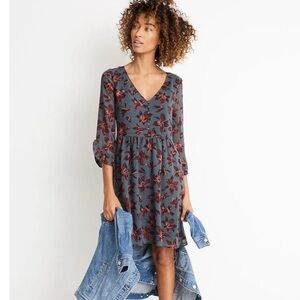 Madewell Gray Floral Moonblossom 3/4 Ruffle Sleeve Button Dress‎ Winter Orchid